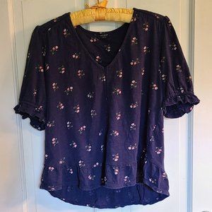 Lucky Navy Blue Pink Rose Print Floral Romantic Peasant Blouse/Top